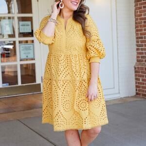 Chico's Dress Knee Length Eyelet Lace Mustard Yellow V-Neck Size 1.5 (10) NWT